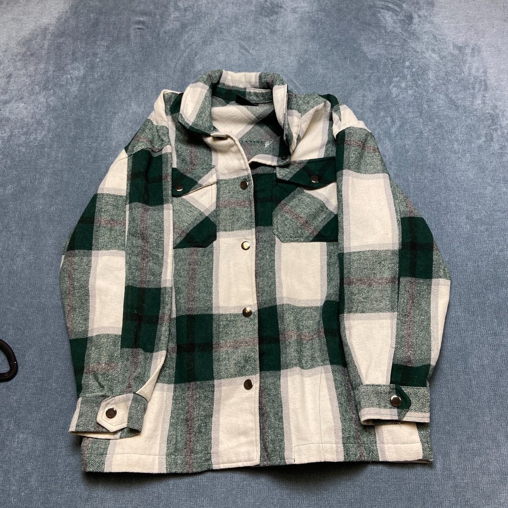HFX Shirt Jacket Womens Medium Green White Plaid Flannel Long Sleeve Snap Front